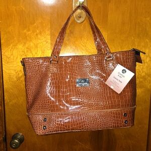JM New York Travel Carry-on Laptop & Accessory Brown Leather Alligator Tech Bag